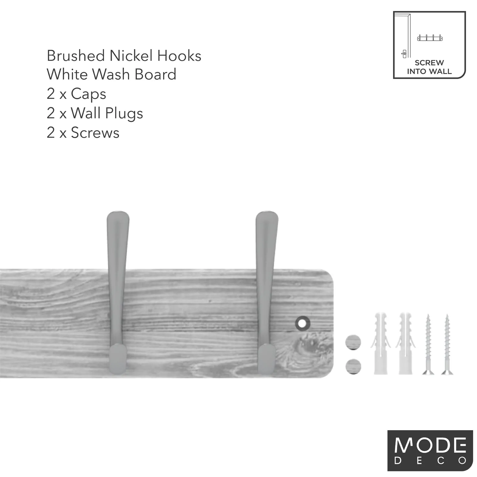 4 Brushed Nickel Hooks on White Wash Board Hat & Coat Rack