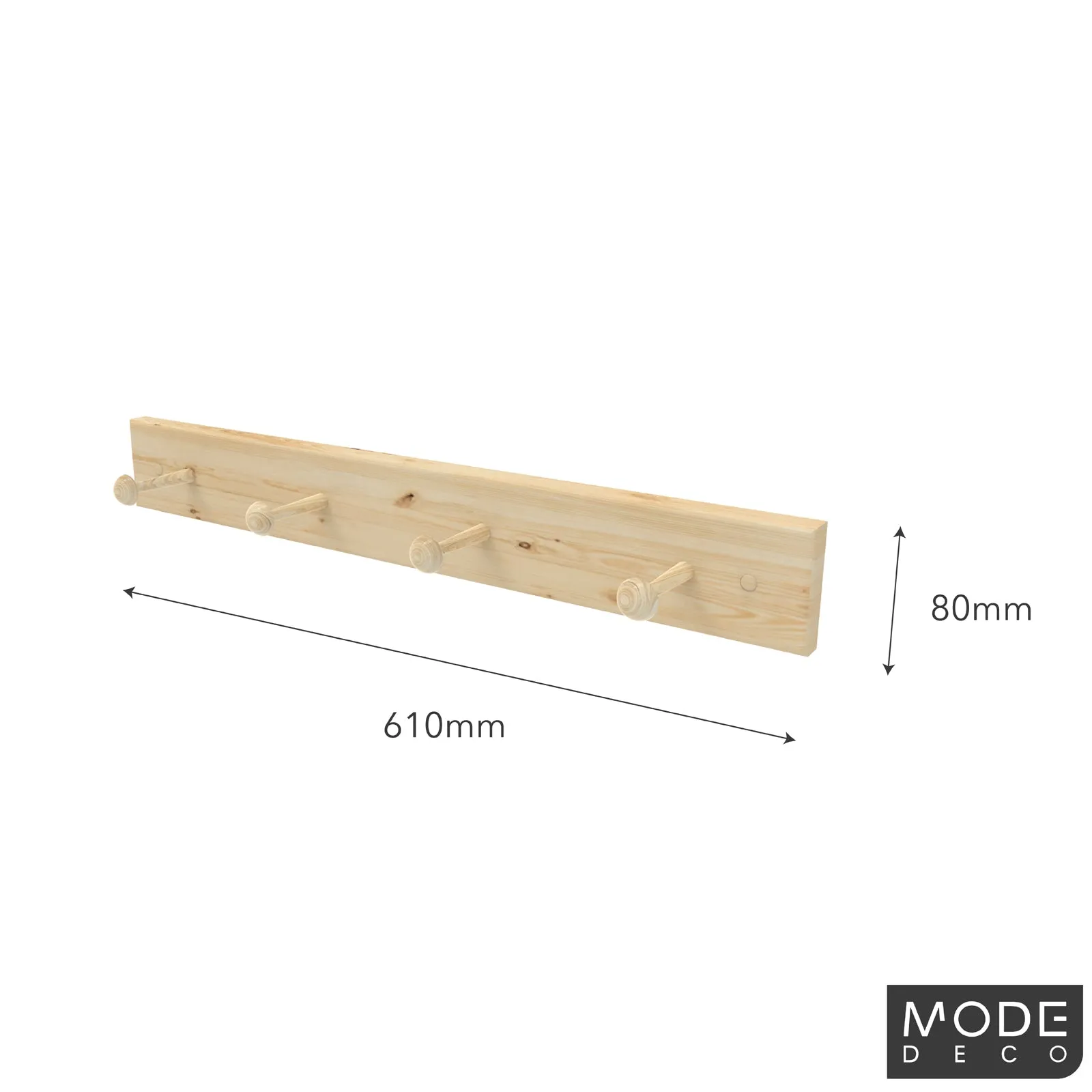 4 Hooks on Natural Pine Board Hook Rack