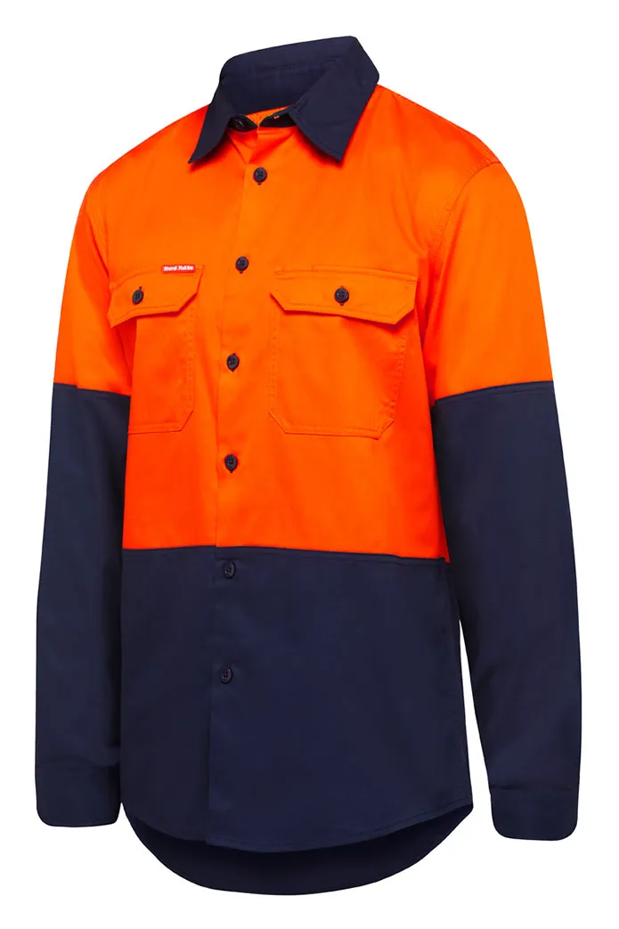 4 x Hard Yakka Basic 2 Tone Long Sleeve Vented Drill Shirt Orange Navy