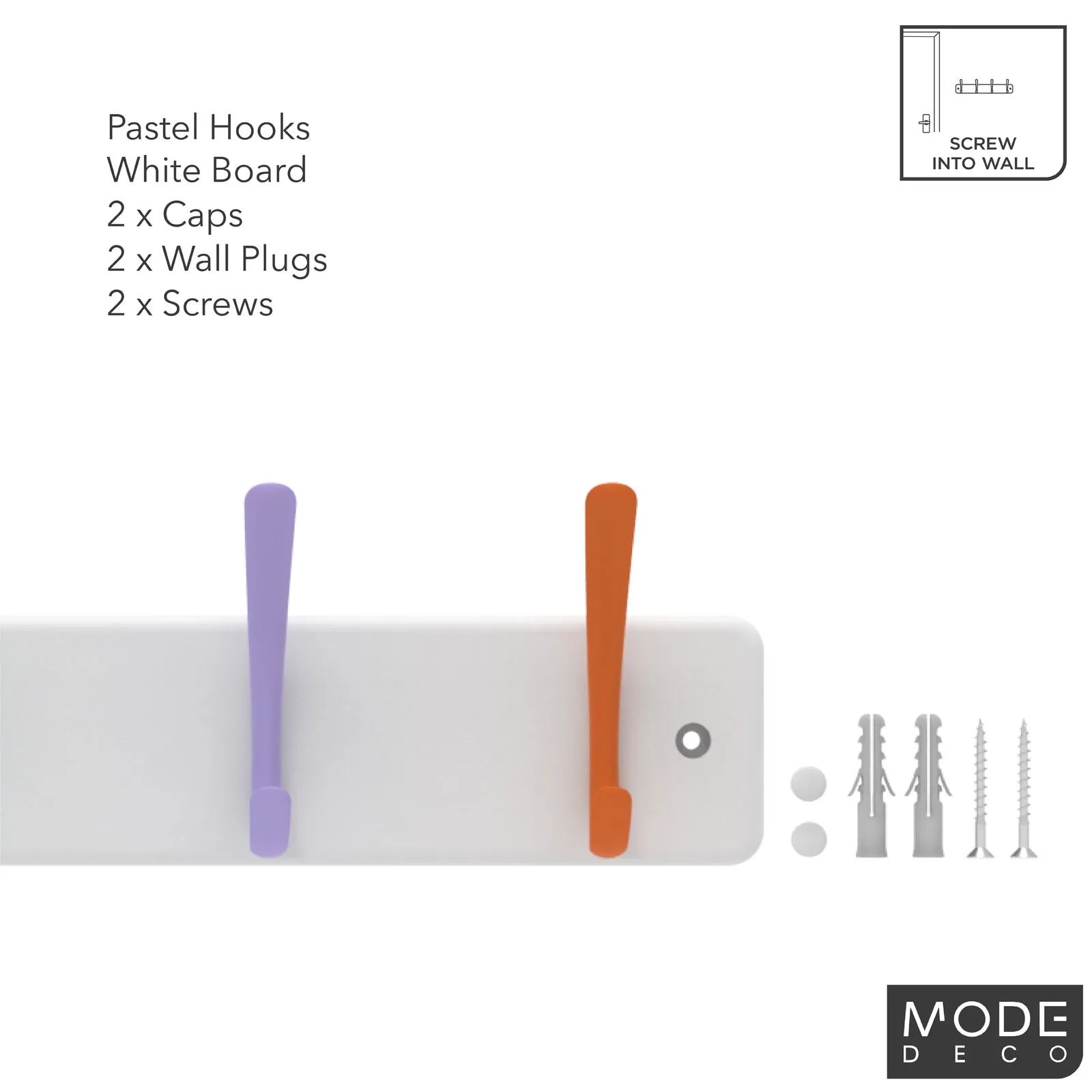 6 Pastel Hooks on White Board Hat & Coat Rack