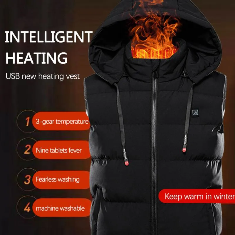 9 Areas Hooded Heated Vest Outdoor Thicken USB Self Heating Vest Thermal Chaleco Heated Body Warmer Men's Thermal Vest Jackets