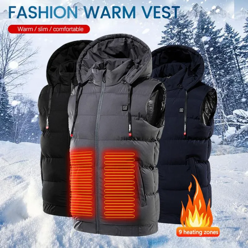 9 Areas Hooded Heated Vest Outdoor Thicken USB Self Heating Vest Thermal Chaleco Heated Body Warmer Men's Thermal Vest Jackets