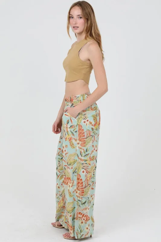 Angie Wide Leg Tropical Print Pants - Aqua