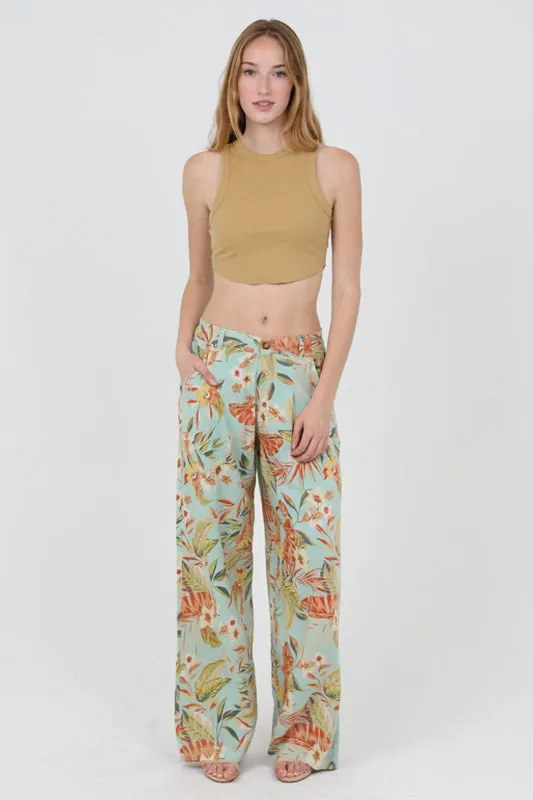 Angie Wide Leg Tropical Print Pants - Aqua