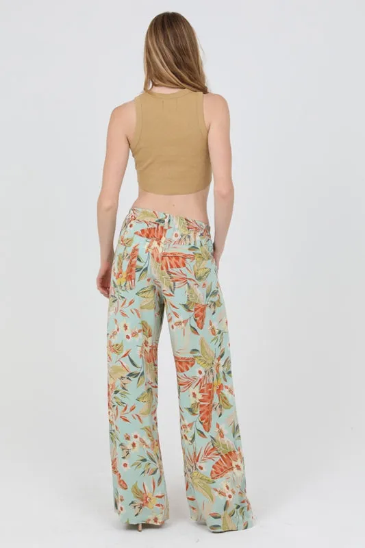 Angie Wide Leg Tropical Print Pants - Aqua