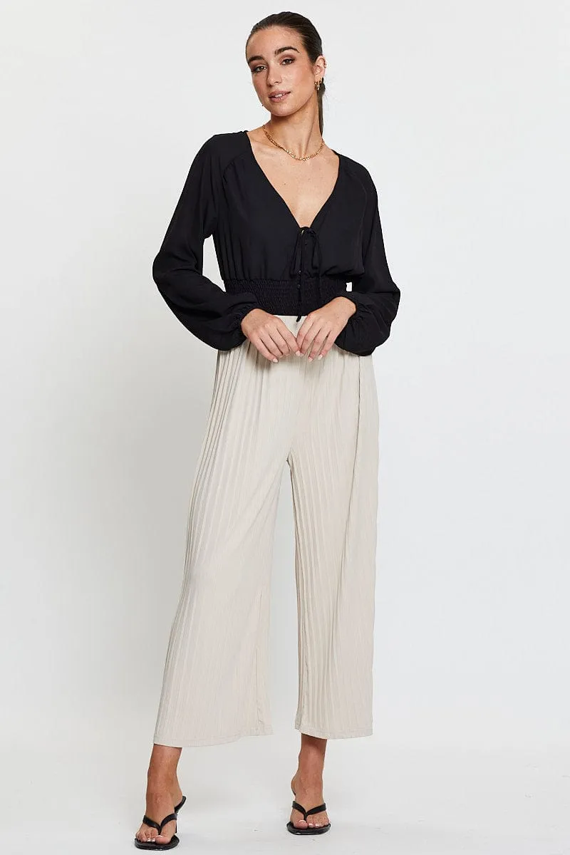 Beige Ribbed Pants High Rise Wide Leg