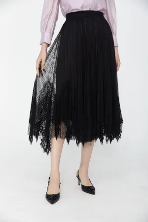 Black Elastic Waist Tulle Lace Midi Skirt