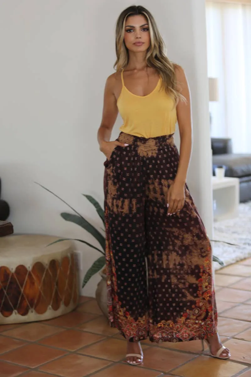 Bleach Tie Dye Effect Printed Wide Leg Pants with Elastic Waist, Gorgeous Print