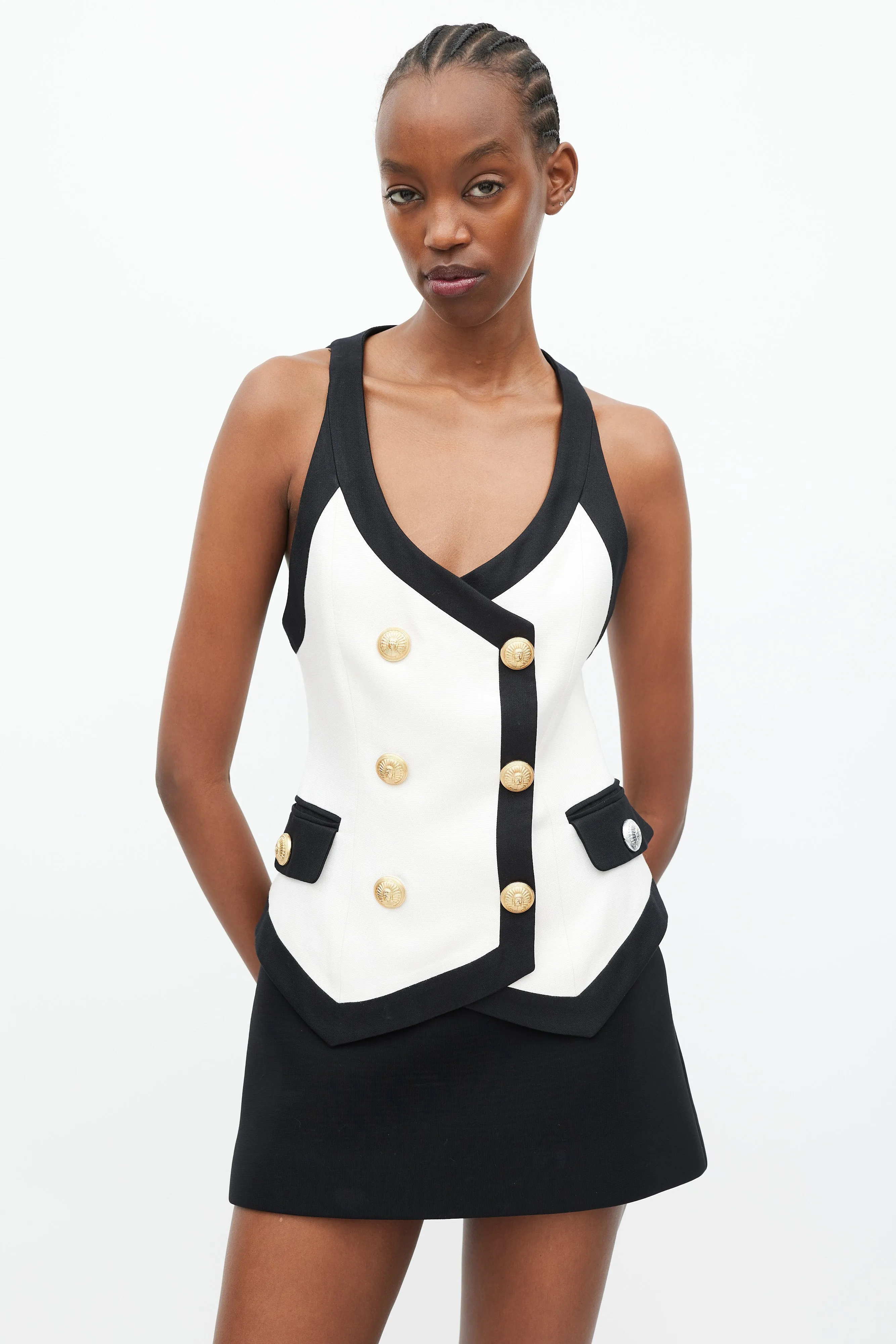 Cream & Black Silk Double Breasted Vest