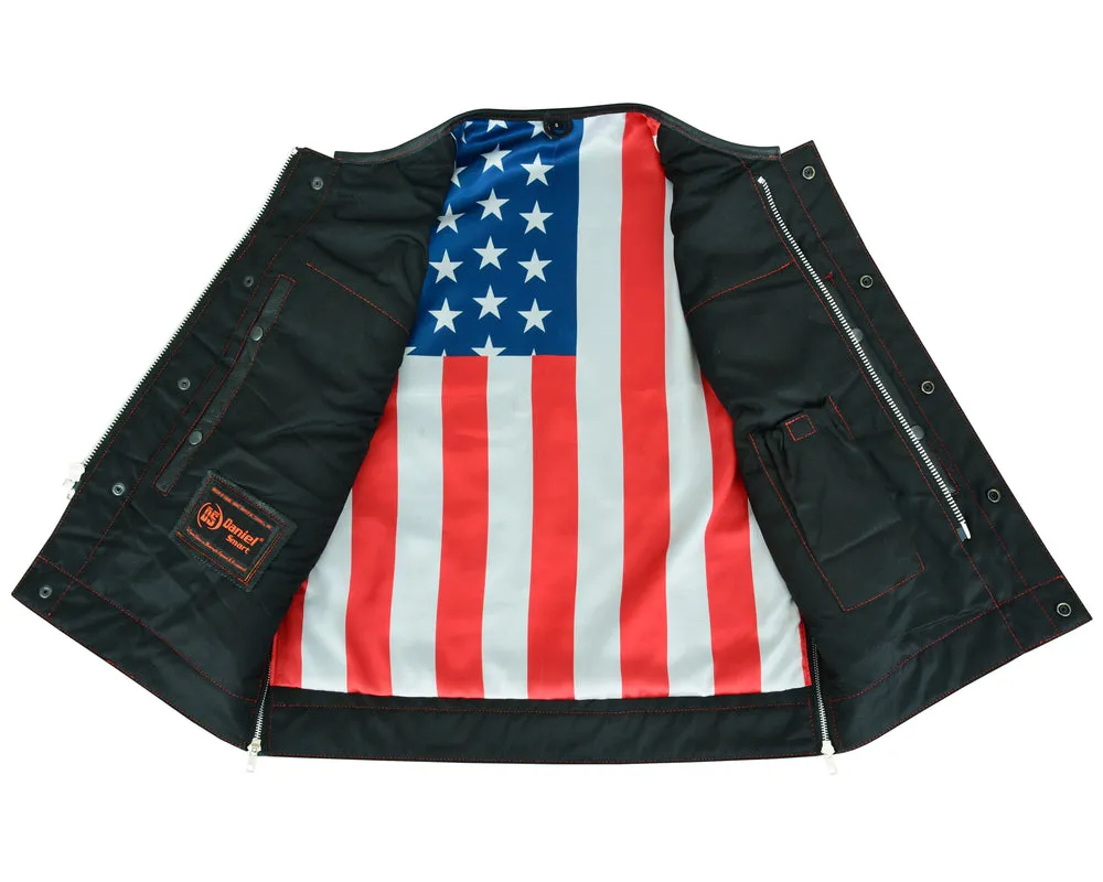 DS155 Men's Leather Vest with Red Stitching and USA Inside Flag Lining