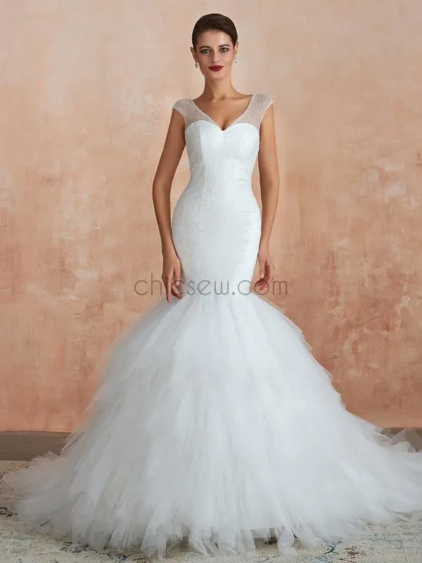 Elegant Mermaid V-neck Long Wedding Dresses SDP1183