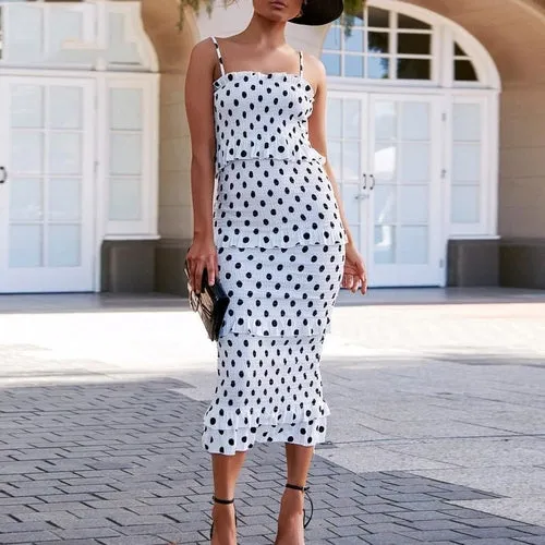 Elegant Polka Dot Ruffled Midi Dress Women Sexy