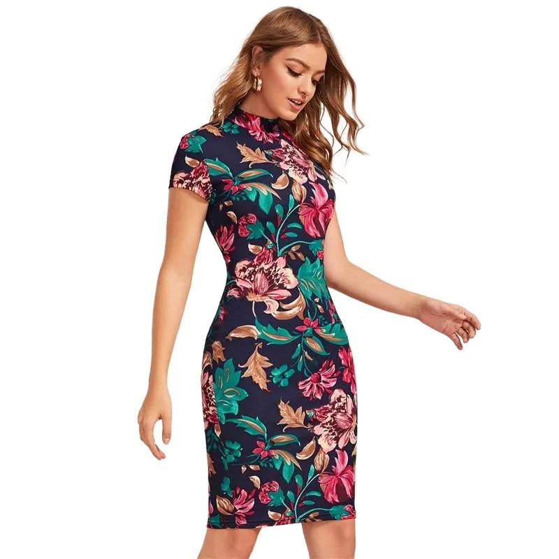 Elegant Women's Sleeve Mock Neck Bodycon Dress With Floral Print