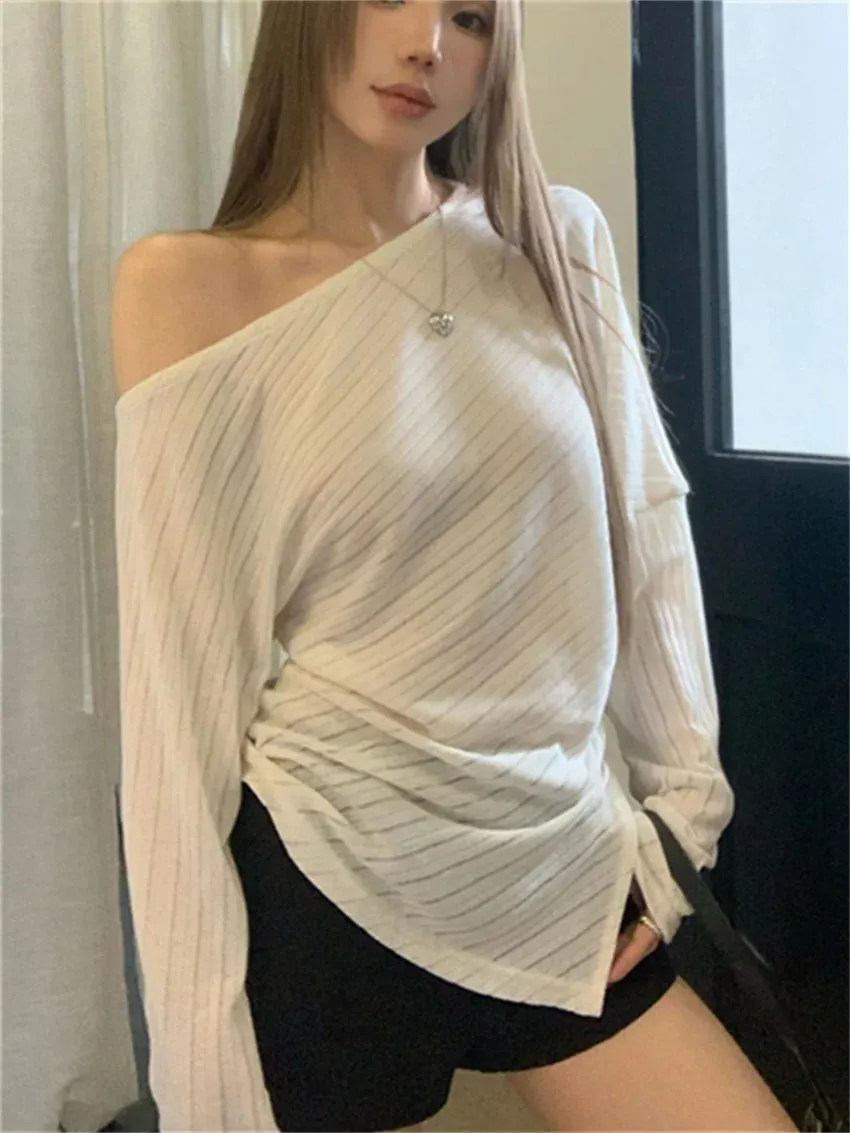 Girlary High Street Sweaters Women Knitted Gentle Skew Collar Off Shoulders Autumn Daily Loose New Slim Pullovers Autumn Chic