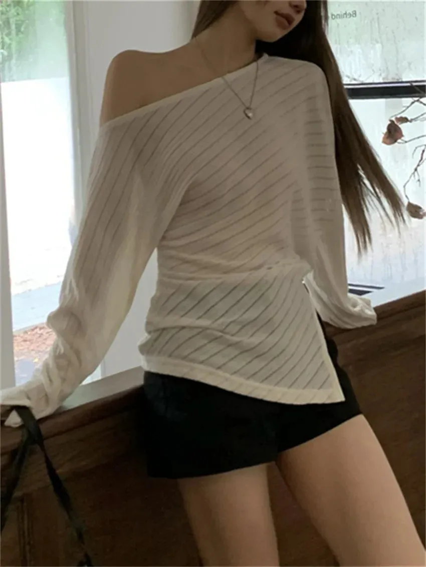 Girlary High Street Sweaters Women Knitted Gentle Skew Collar Off Shoulders Autumn Daily Loose New Slim Pullovers Autumn Chic