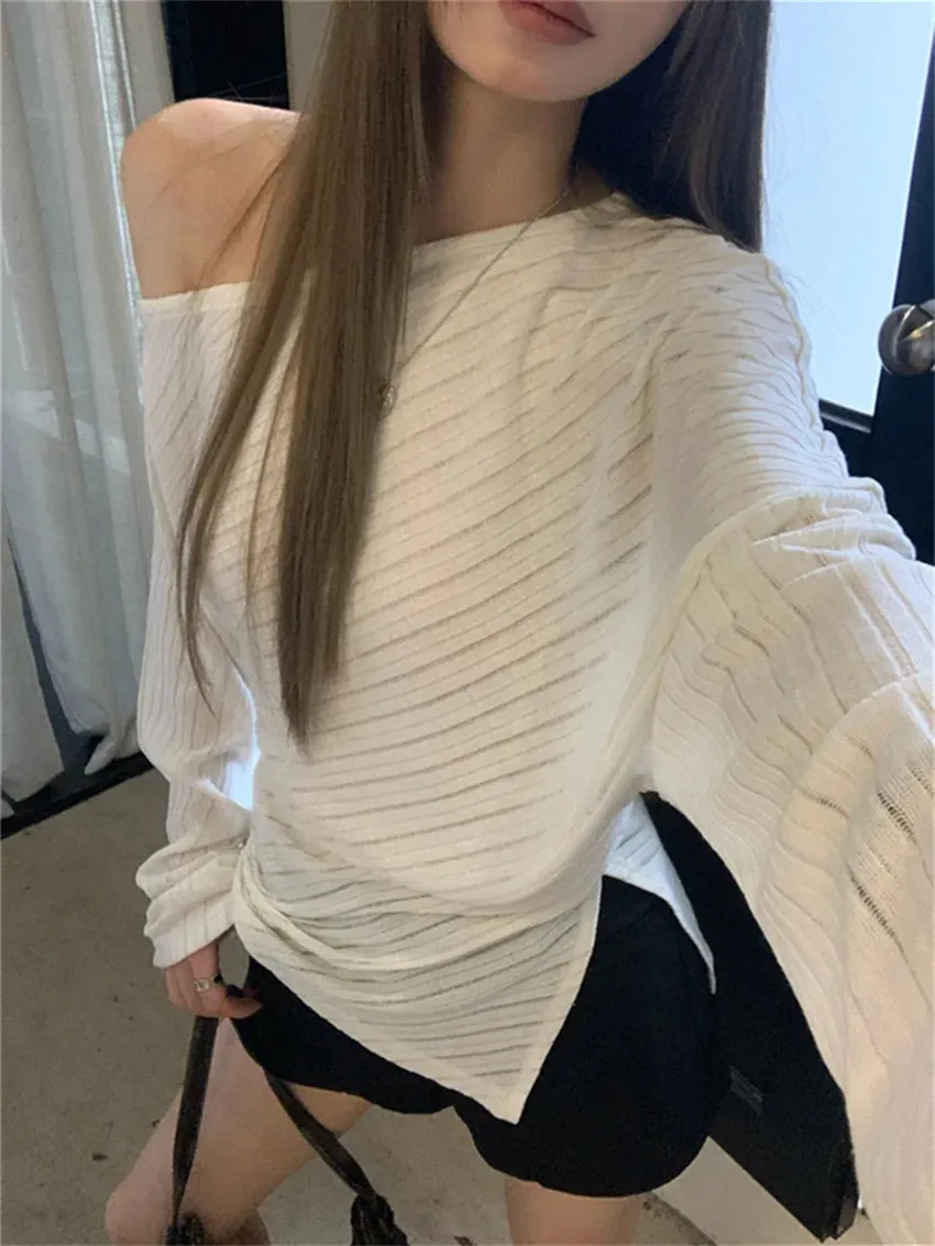 Girlary High Street Sweaters Women Knitted Gentle Skew Collar Off Shoulders Autumn Daily Loose New Slim Pullovers Autumn Chic