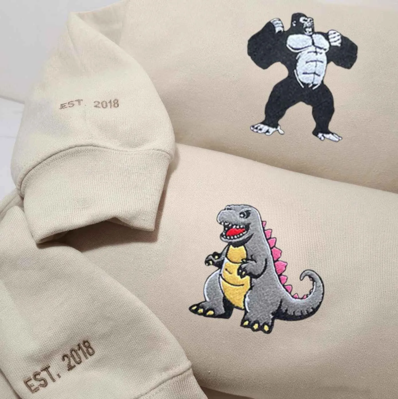 Gorilla and Dinosaur Couple Hoodies - Custom Embroidered Matching Hoodies For Couples