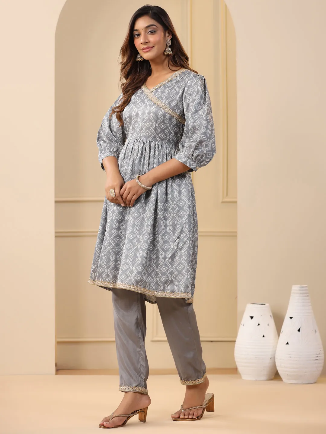 Grey Bandhej Print Wrap Kurta With Pants