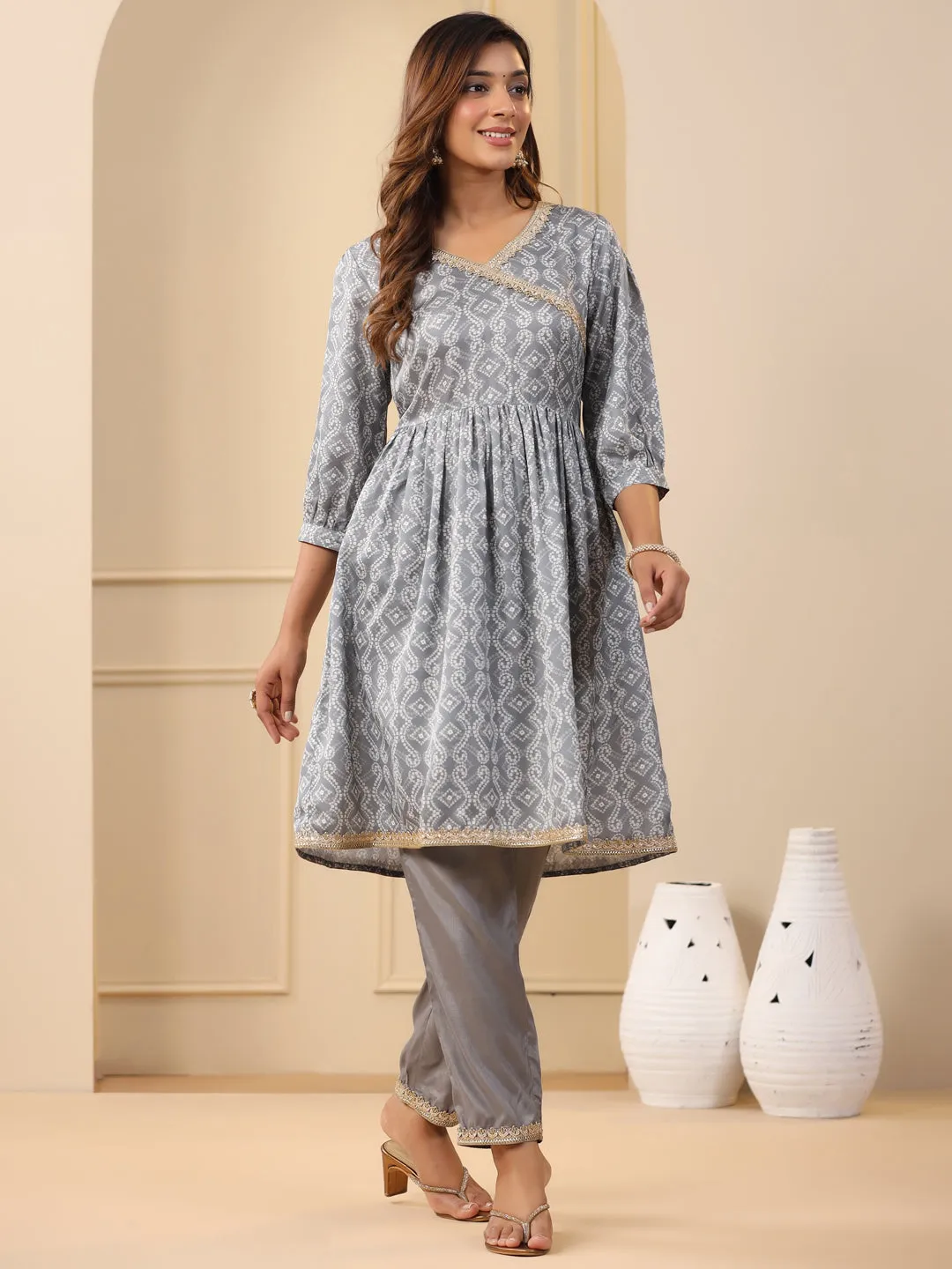 Grey Bandhej Print Wrap Kurta With Pants