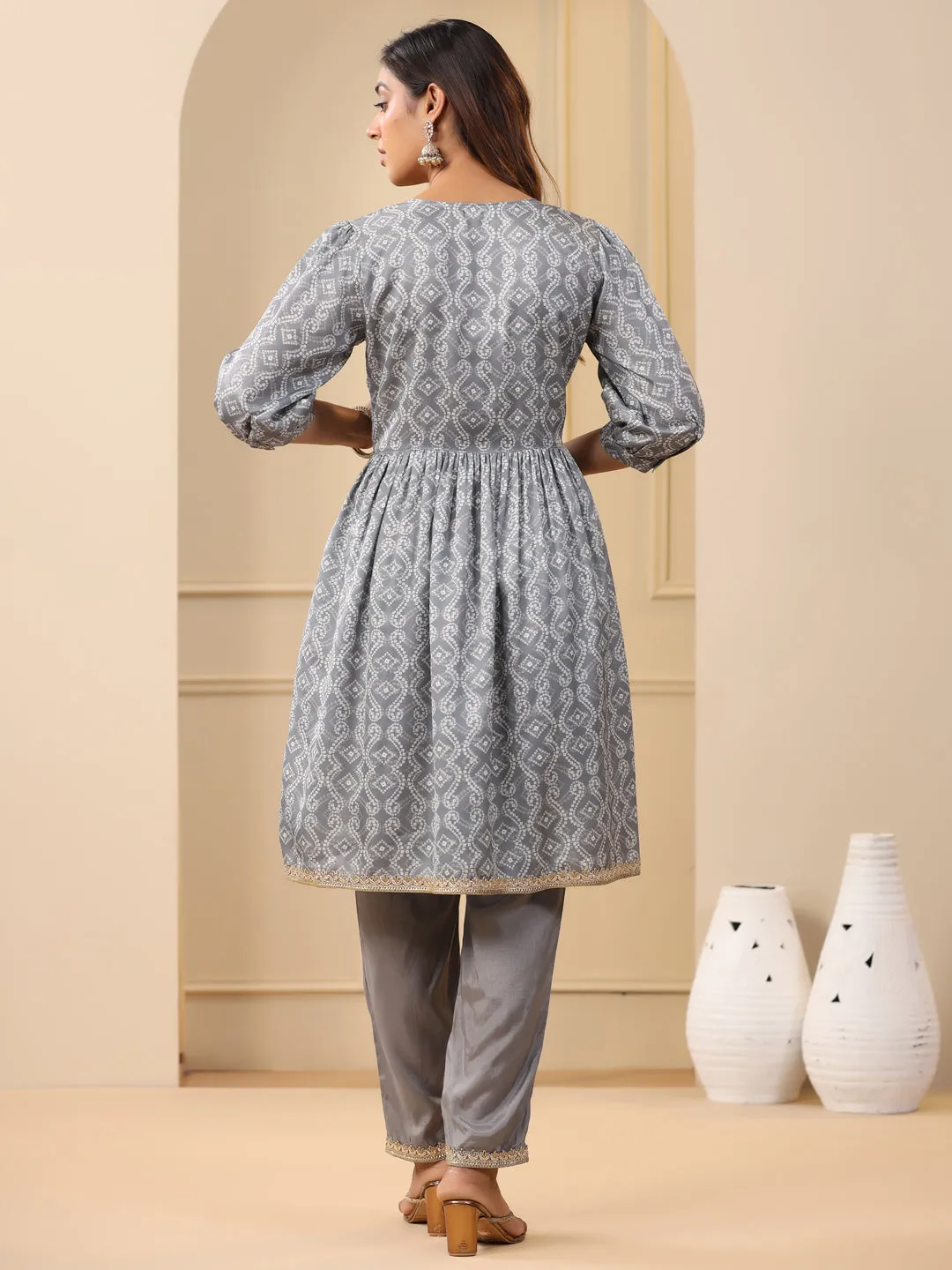 Grey Bandhej Print Wrap Kurta With Pants