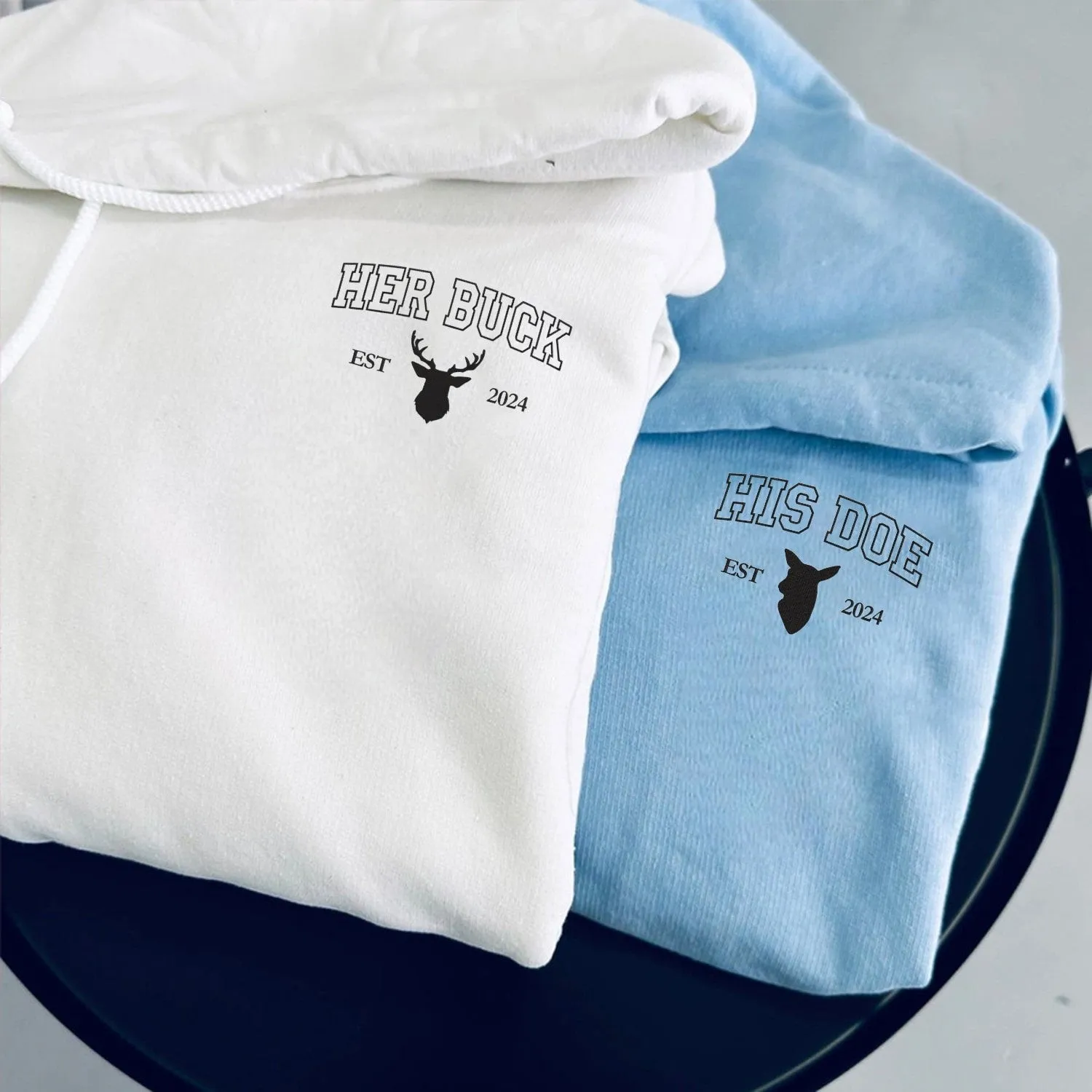 Her Buck & His Doe Matching Couple Hoodies - Custom Embroidered Matching Couple Hoodies