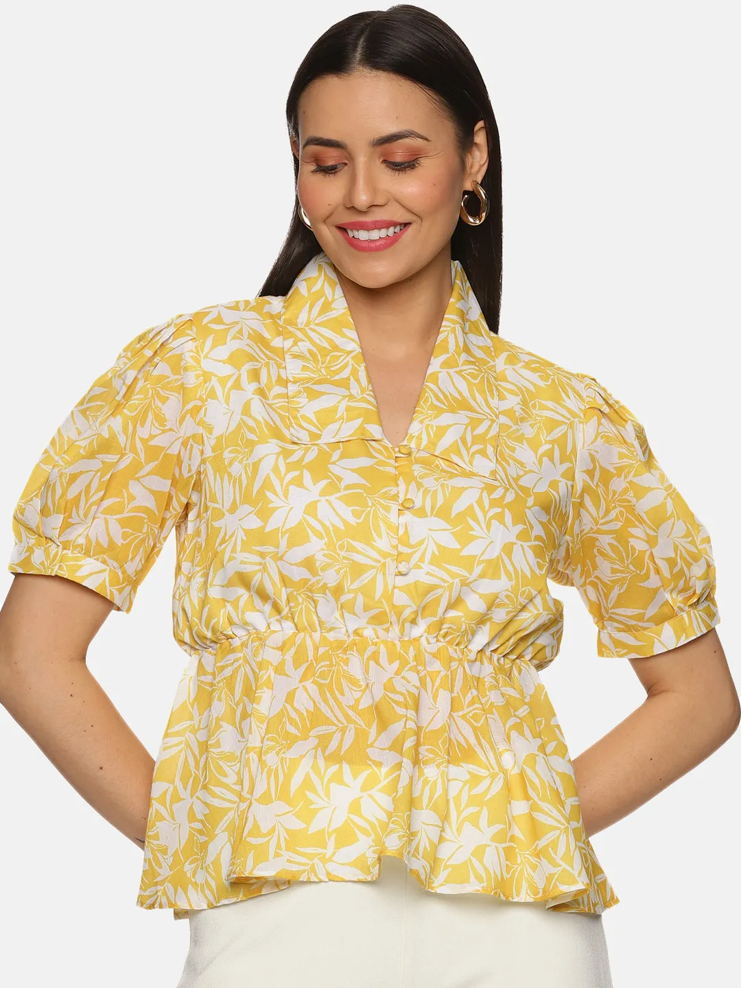 IS.U Floral Yellow Collared Peplum Top