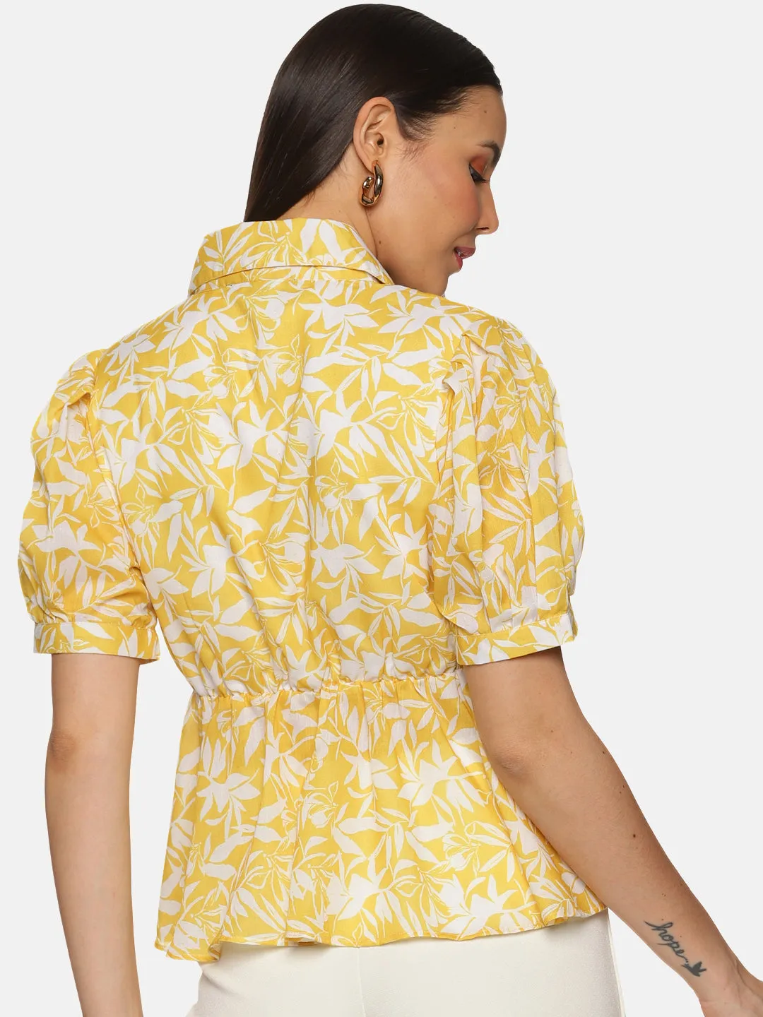 IS.U Floral Yellow Collared Peplum Top