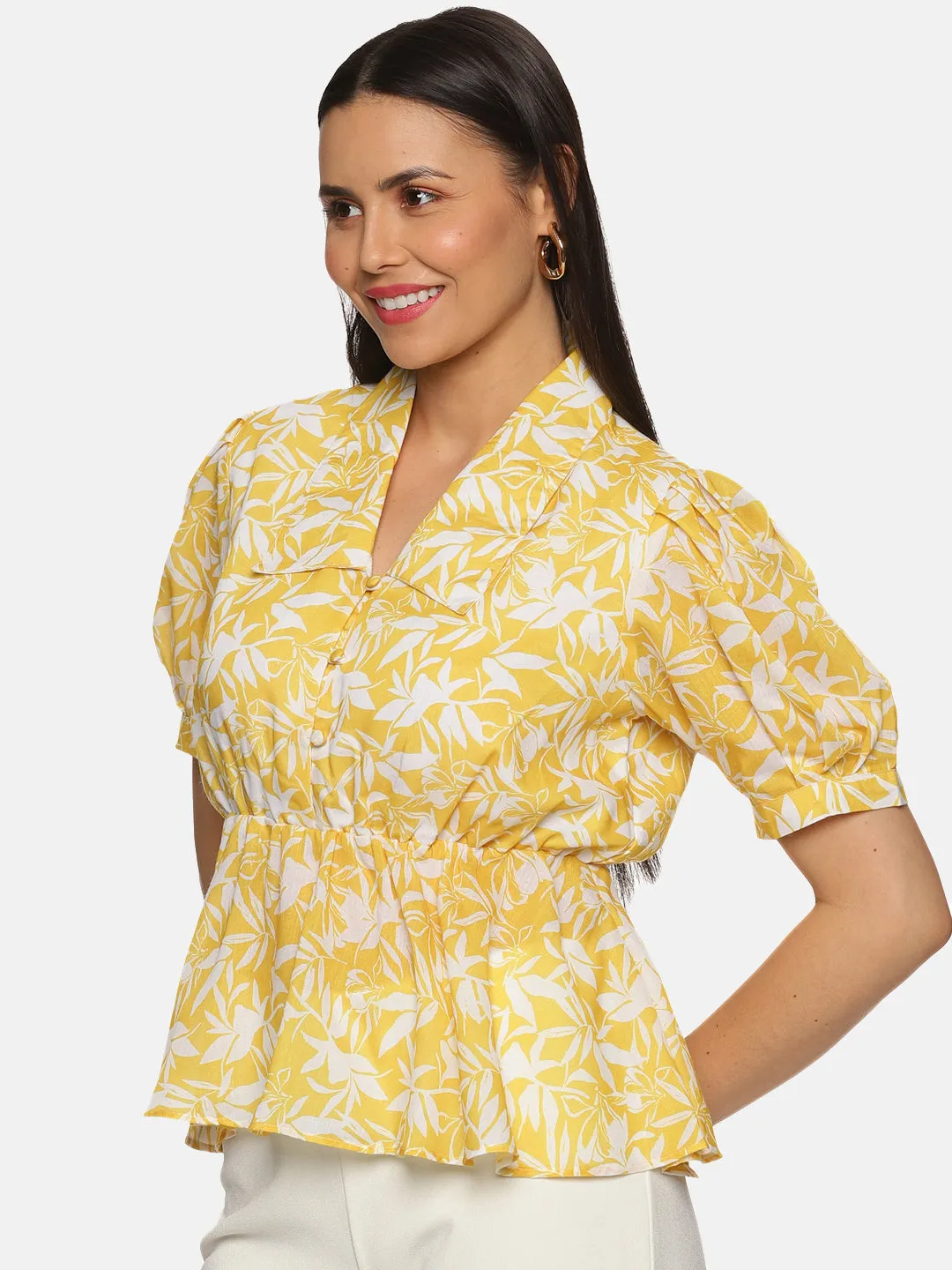 IS.U Floral Yellow Collared Peplum Top