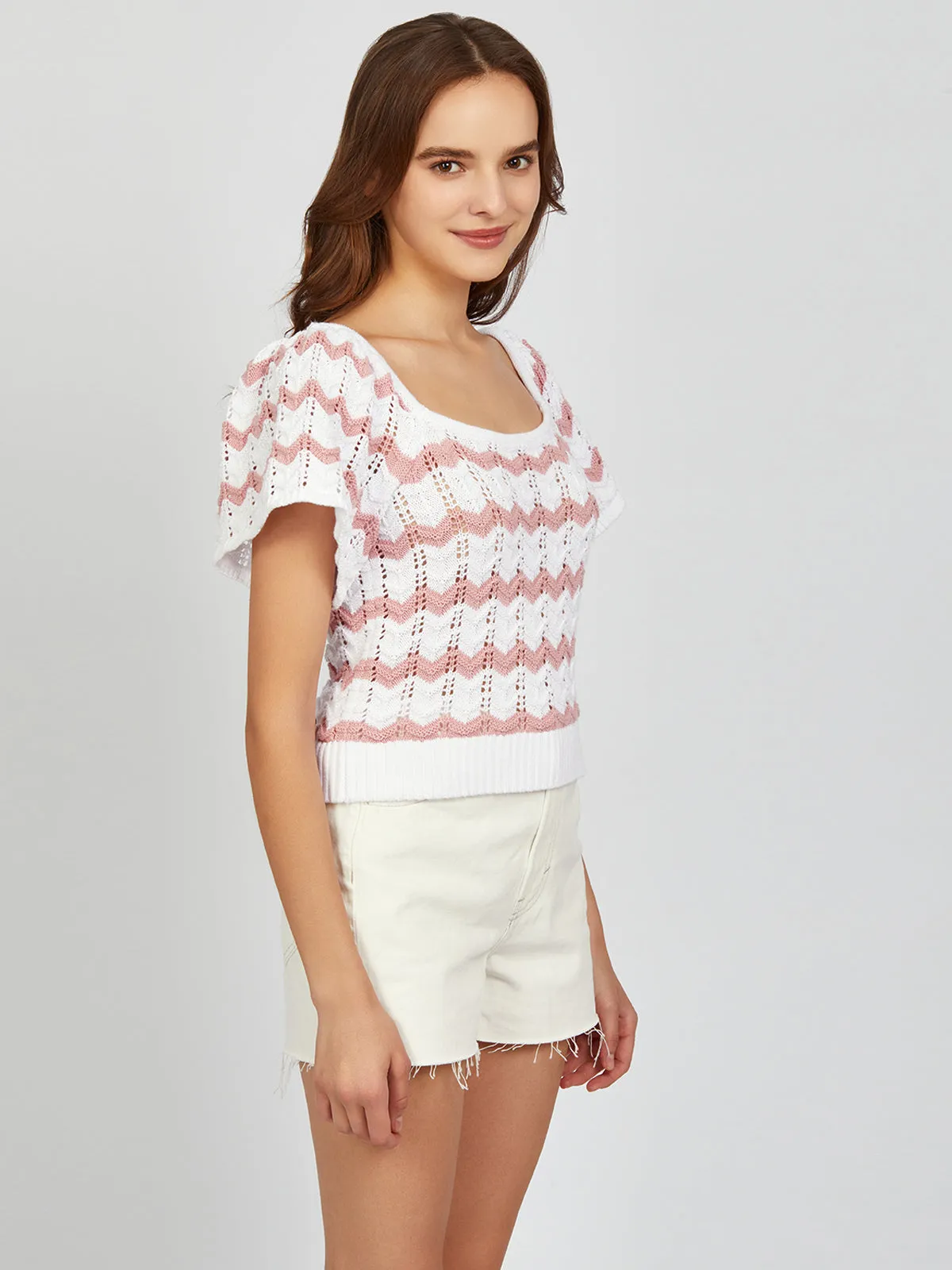 Kalli: 100% Cotton Chevron Flutter Sleeve Top