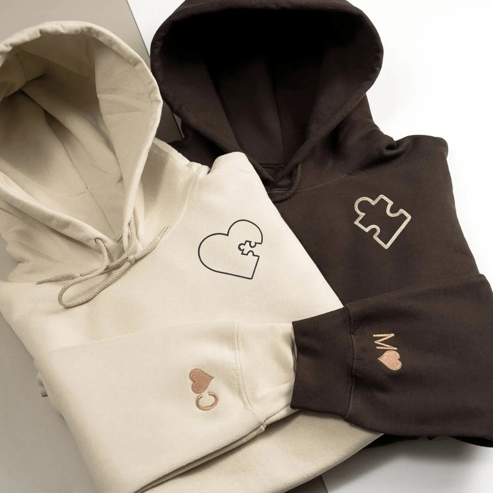 Matching Couple Hoodies -  Heart Puzzle Custom Embroidered Sweatshirts For Couples