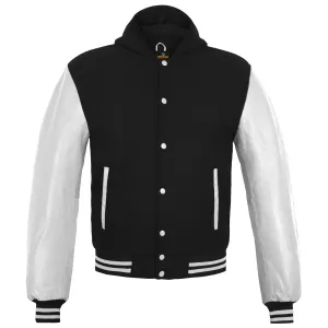 Mens Hoodie Wool body faux Leather Arm Sleeves College Letterman Varsity Hoodie Black/White