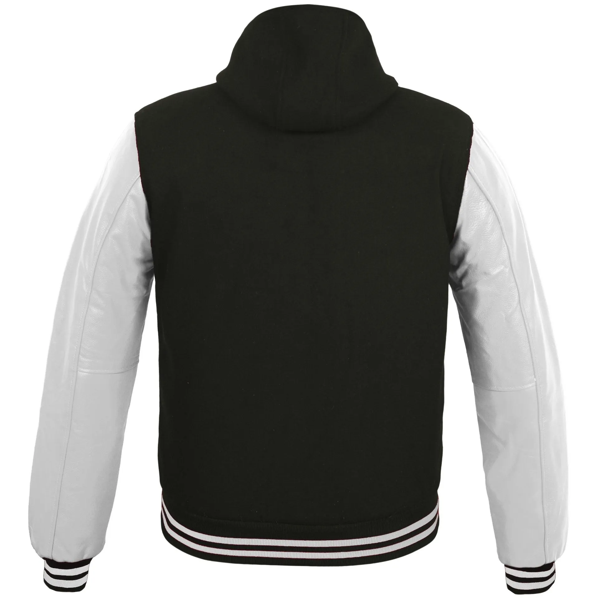 Mens Hoodie Wool body faux Leather Arm Sleeves College Letterman Varsity Hoodie Black/White