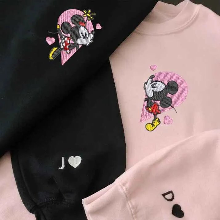 Mouse Heart Cartoon Couple Matching Couple Sweatshirts - Personalized Embroidered Sweatshirts For Couples