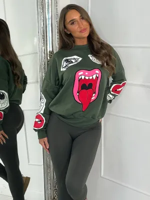 Mouth Print Sweatshirt - Khaki