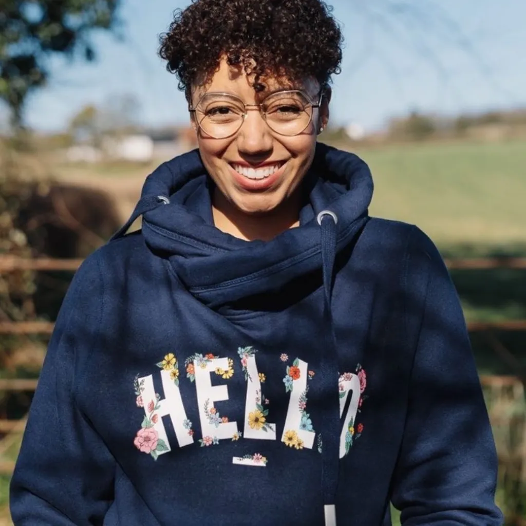 Navy Floral Hello Cowl Neck Hoodie