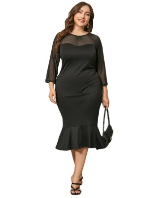 Plus Size Crew Neck Patchwork 3/4 Length Sleeves Dress