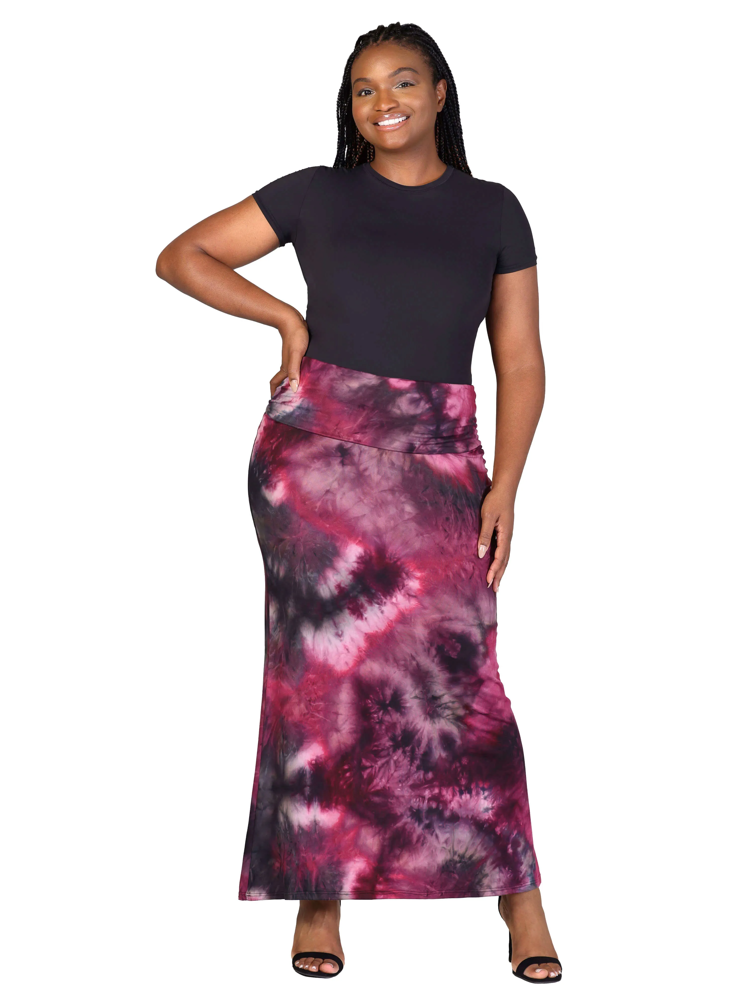 Plus Size Pink Tie Dye Fold over Waist Maxi Skirt