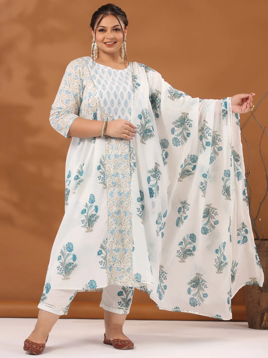 Plus Size White & Turquoise Blue Ethnic Printed Flared Kurta With Pants & Dupatta