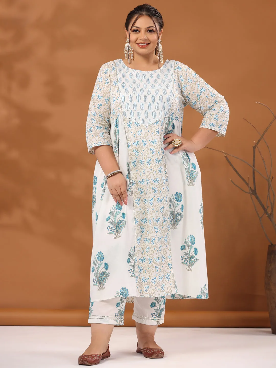 Plus Size White & Turquoise Blue Ethnic Printed Flared Kurta With Pants & Dupatta