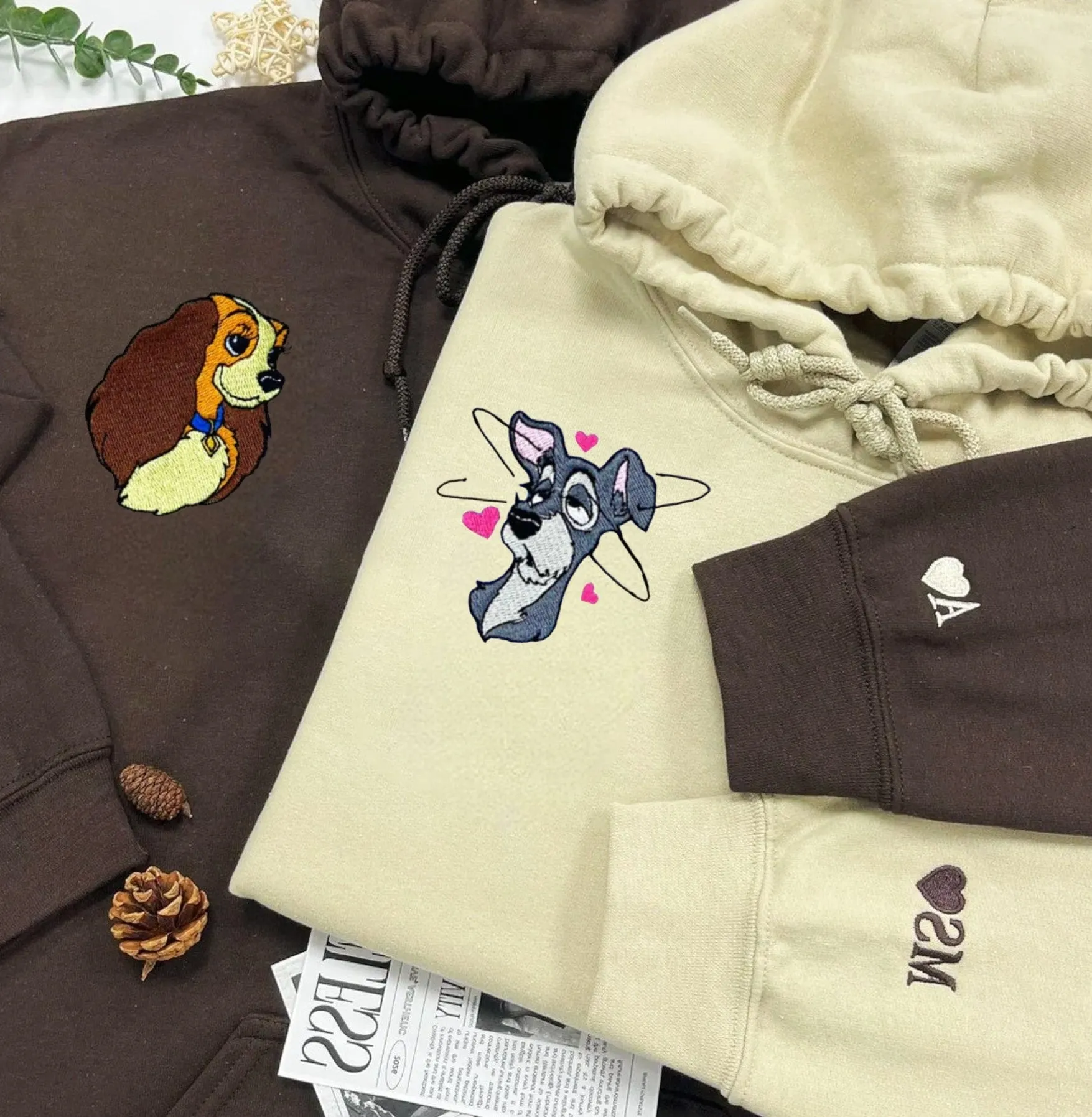 "Dog Characters Couple" Couple Sweatshirts - Custom Embroidered Matching Hoodies For Couples