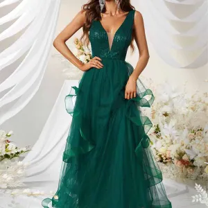 Sequin Body-con Dress In Dark Green Tulle Prom Dress