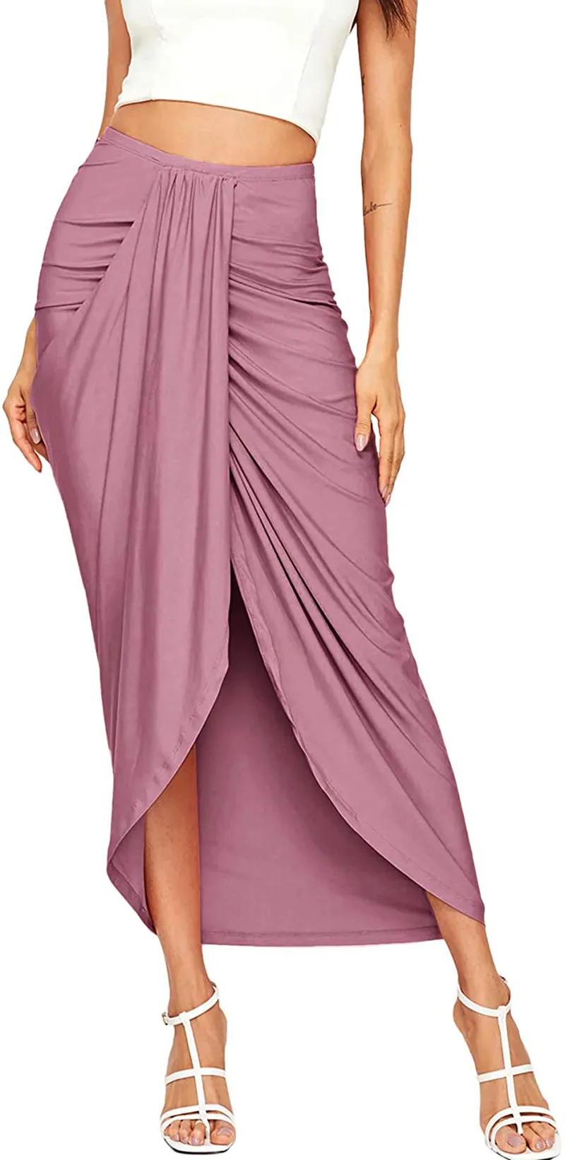 SheIn Women's Casual Slit Wrap Asymmetrical Elastic High Waist Maxi Draped Skirt