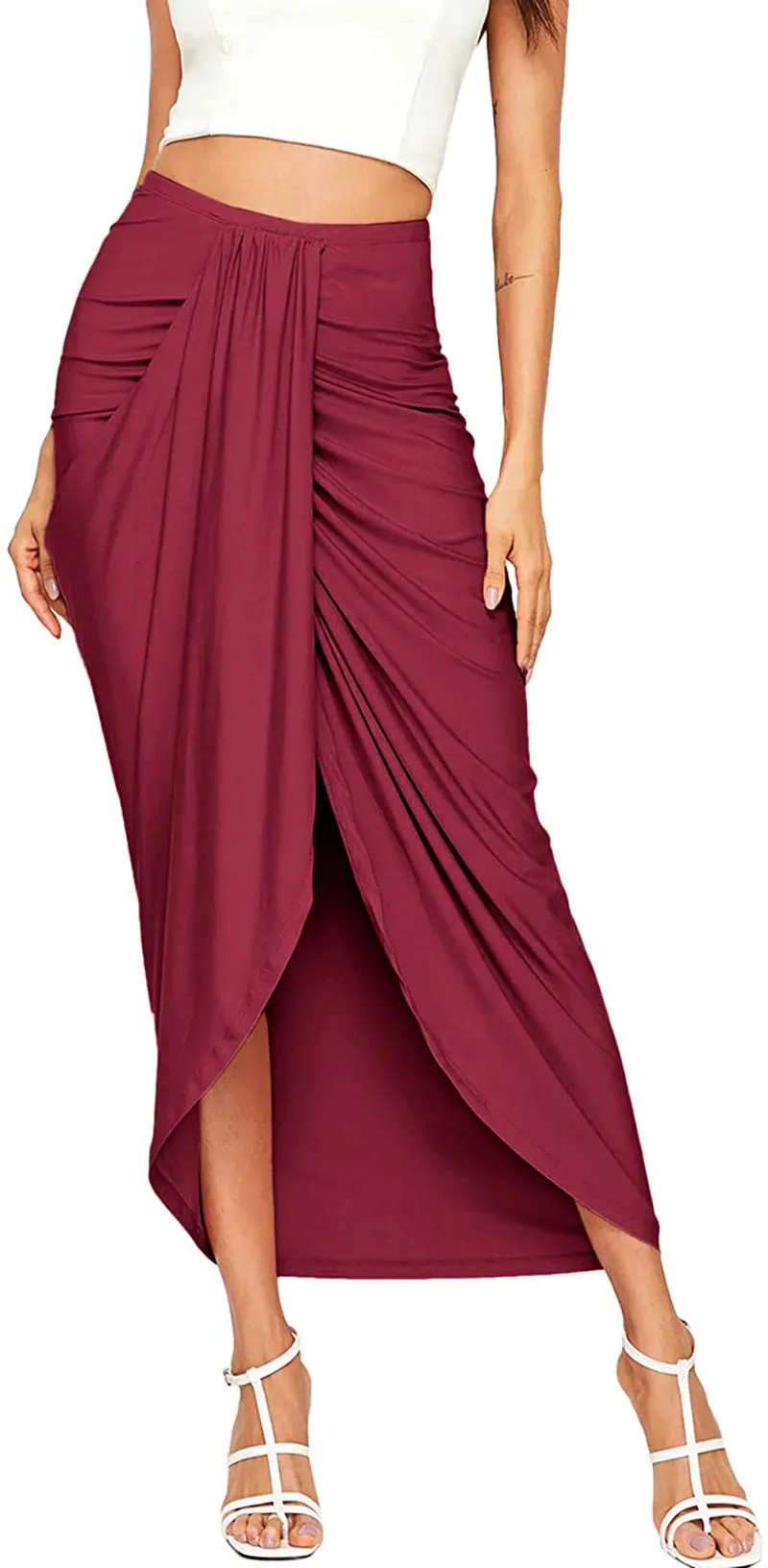 SheIn Women's Casual Slit Wrap Asymmetrical Elastic High Waist Maxi Draped Skirt