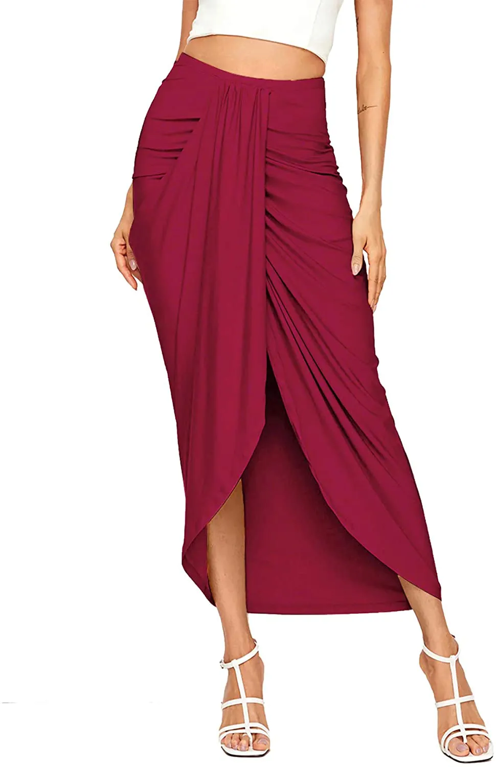 SheIn Women's Casual Slit Wrap Asymmetrical Elastic High Waist Maxi Draped Skirt