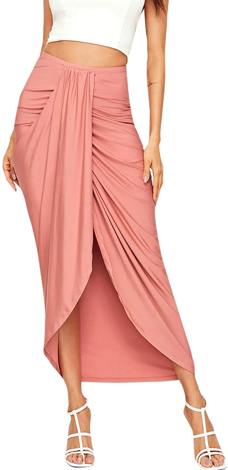 SheIn Women's Casual Slit Wrap Asymmetrical Elastic High Waist Maxi Draped Skirt