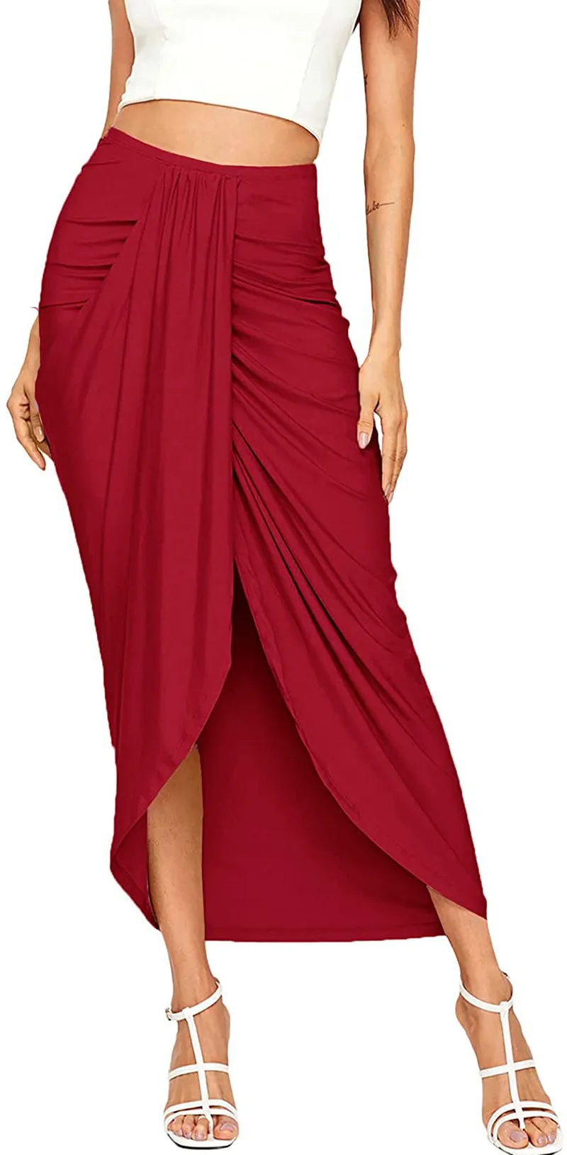 SheIn Women's Casual Slit Wrap Asymmetrical Elastic High Waist Maxi Draped Skirt