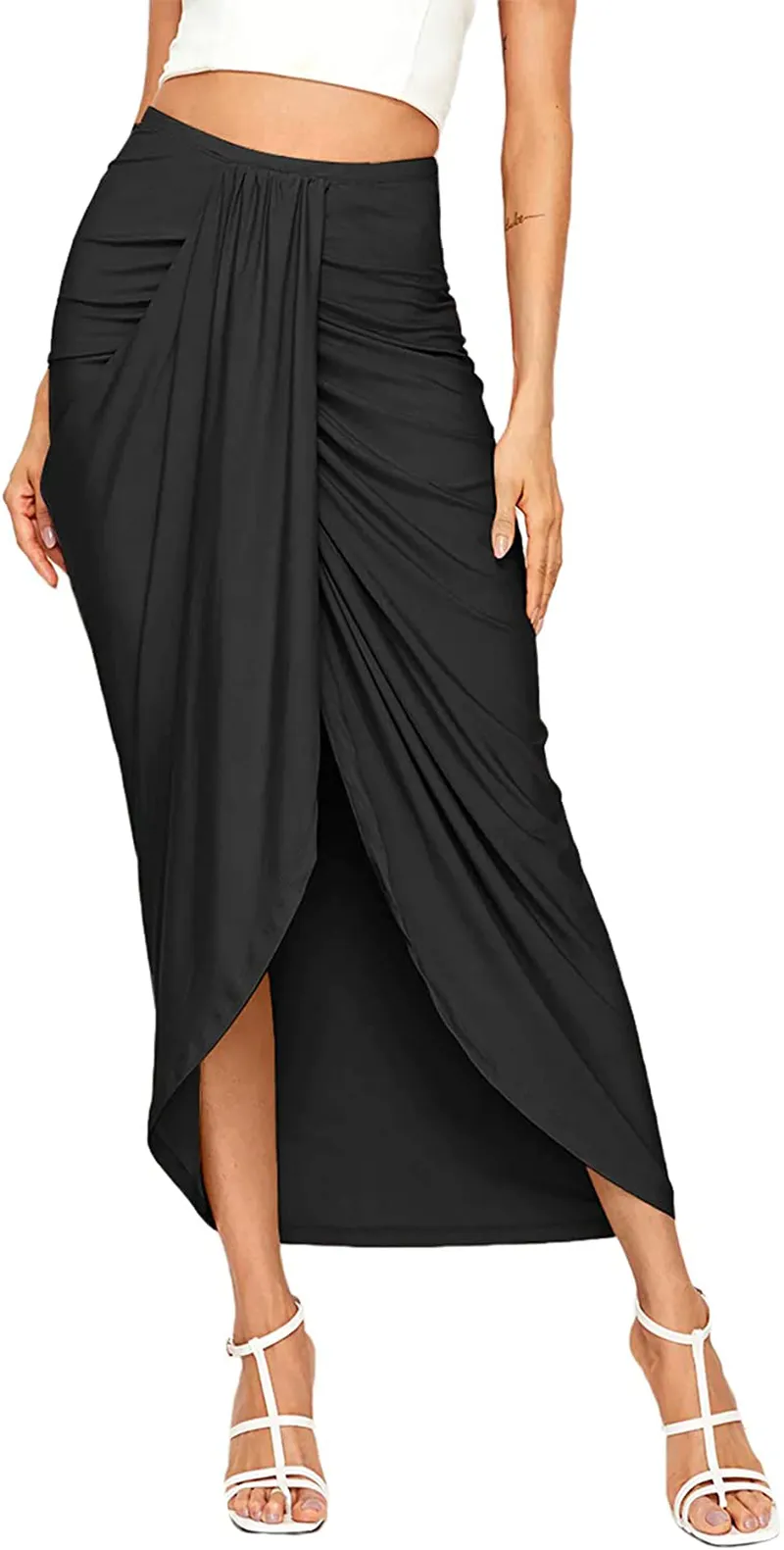 SheIn Women's Casual Slit Wrap Asymmetrical Elastic High Waist Maxi Draped Skirt