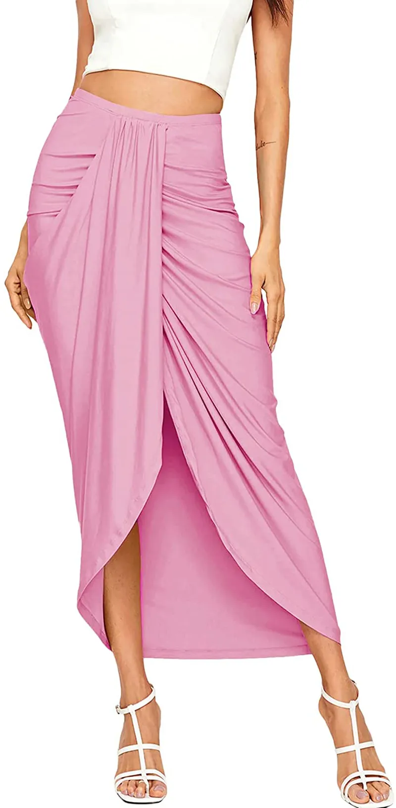 SheIn Women's Casual Slit Wrap Asymmetrical Elastic High Waist Maxi Draped Skirt