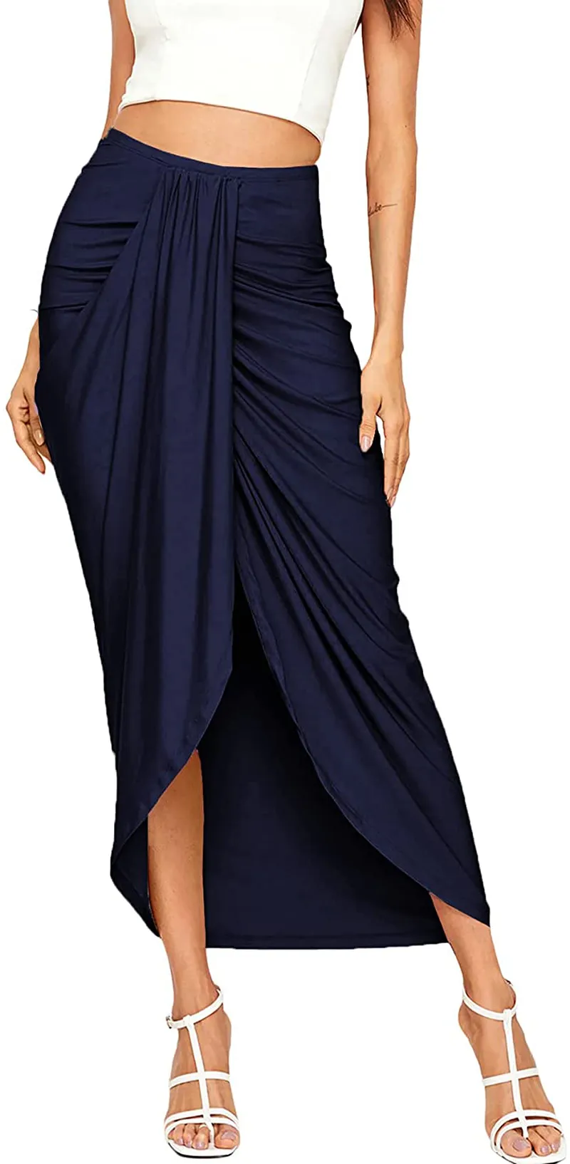 SheIn Women's Casual Slit Wrap Asymmetrical Elastic High Waist Maxi Draped Skirt