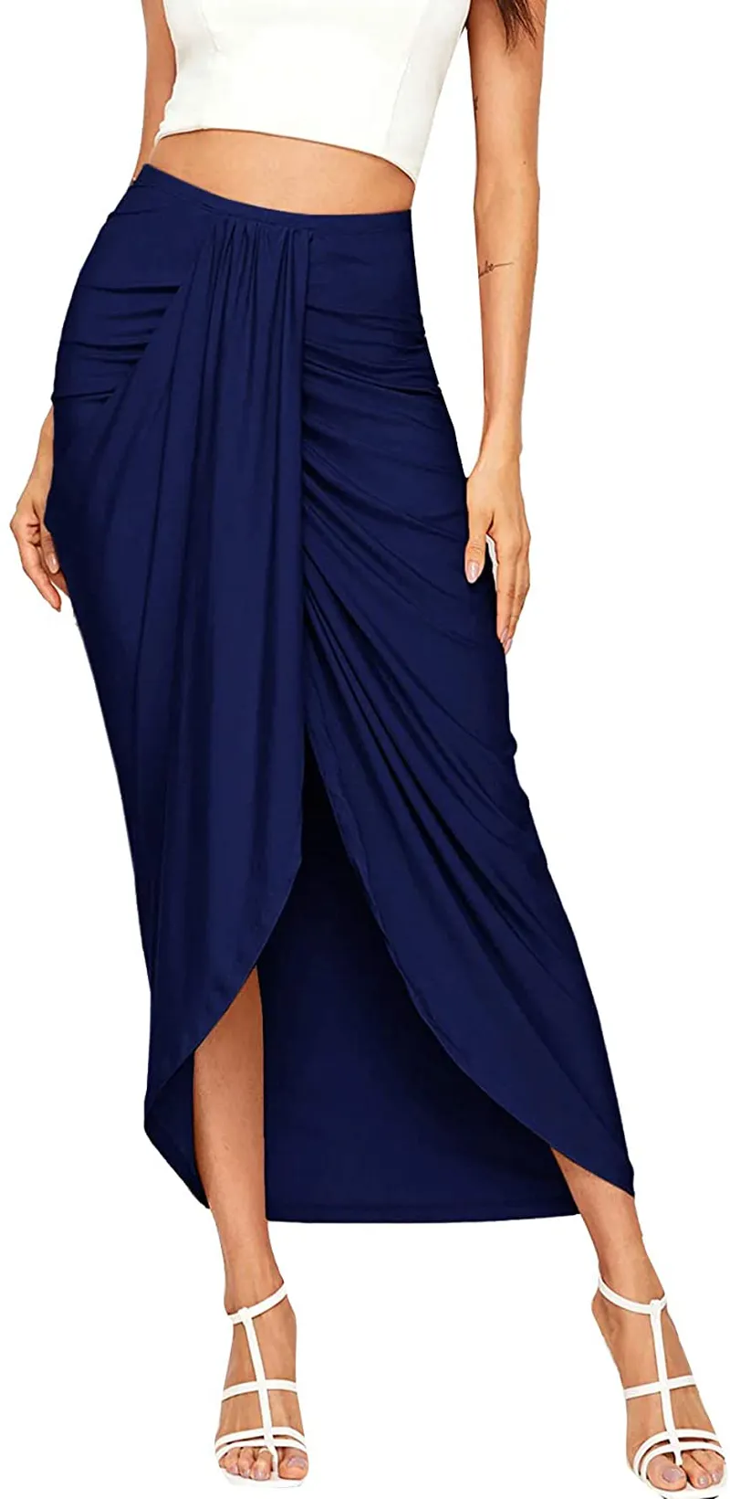 SheIn Women's Casual Slit Wrap Asymmetrical Elastic High Waist Maxi Draped Skirt